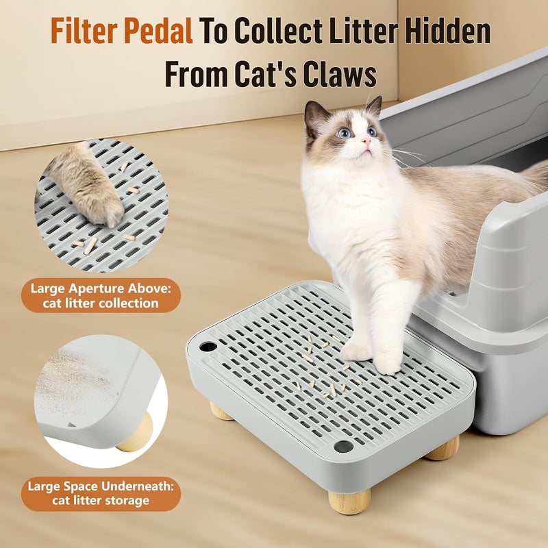 Bartuke Cat Litter Box Step Ramp, Cat Litter Catcher Mat with Wooden Feet, Filter Function, Pedal Stool for Self-Cleaning Litter Box, Ideal for Kitten & Elderly Cats(Light Grey) - Image 3